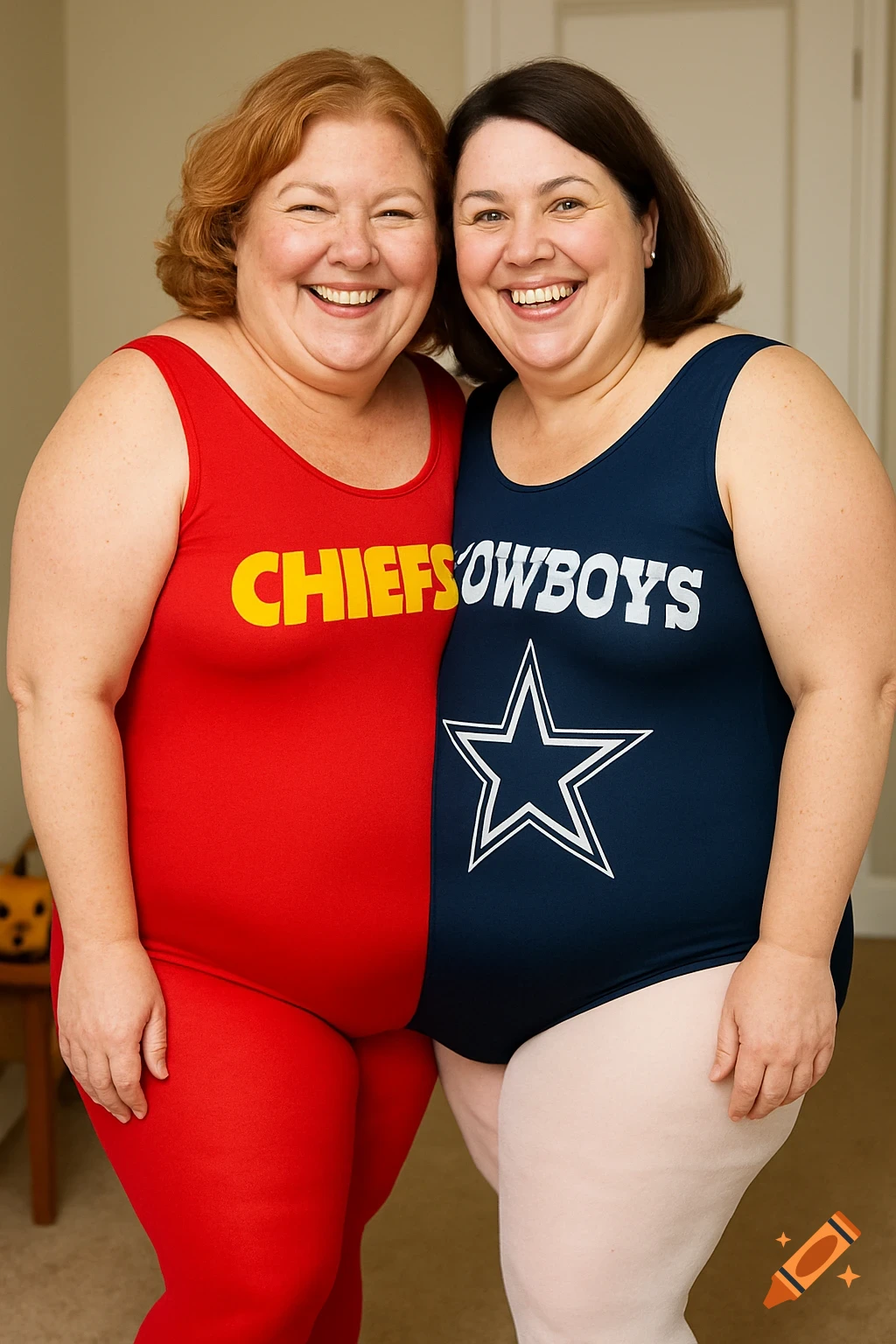 Two smiling women in a conjoined Halloween costume, one in a red Chiefs leotard and tights, the other in a blue Cowboys leotard and white tights.