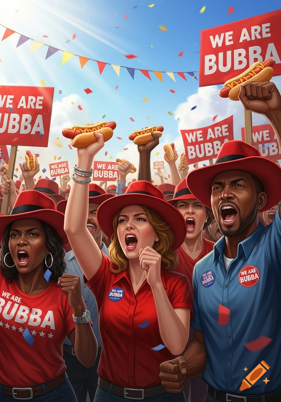 A vibrant illustration of a diverse crowd at a rally, holding up hotdogs and red signs that largely read "WE ARE BUBBA", with confetti falling.