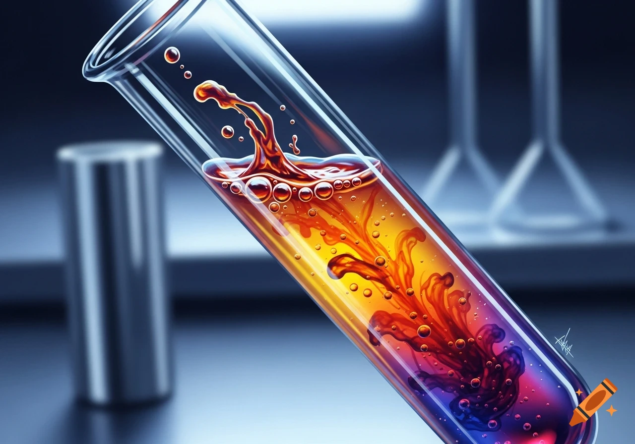 A stylized image of a test tube filled with colorful liquid, showing orange-red mixing with purple-blue, and bubbles.