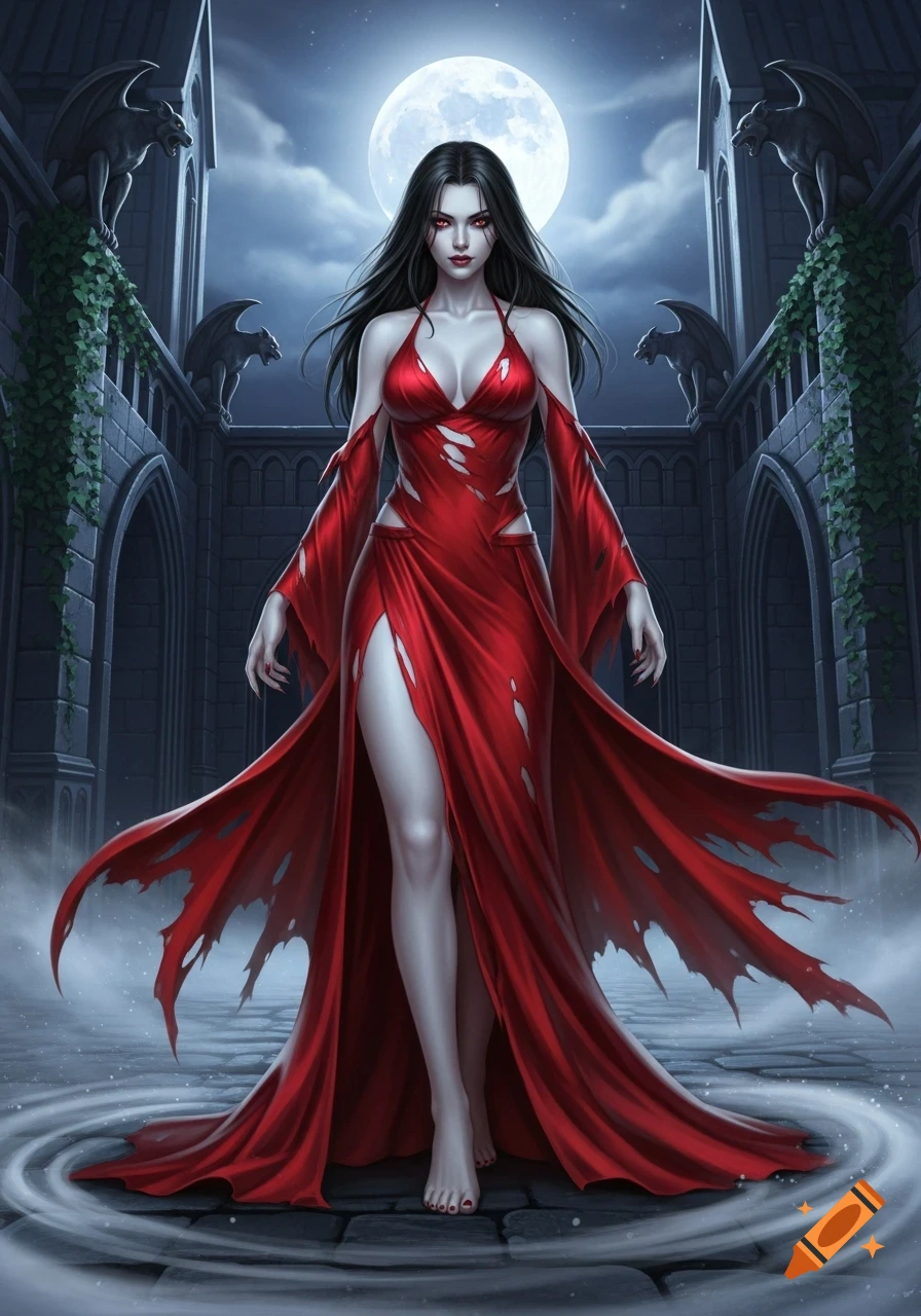 A pale vampire woman with red eyes and long dark hair, wearing a shredded red dress, stands in a gothic courtyard under a full moon, flanked by gargoyles.