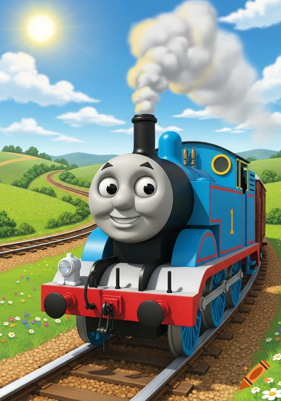 Thomas the Tank Engine smiling on a railway track in a sunny, green countryside with hills and white clouds.