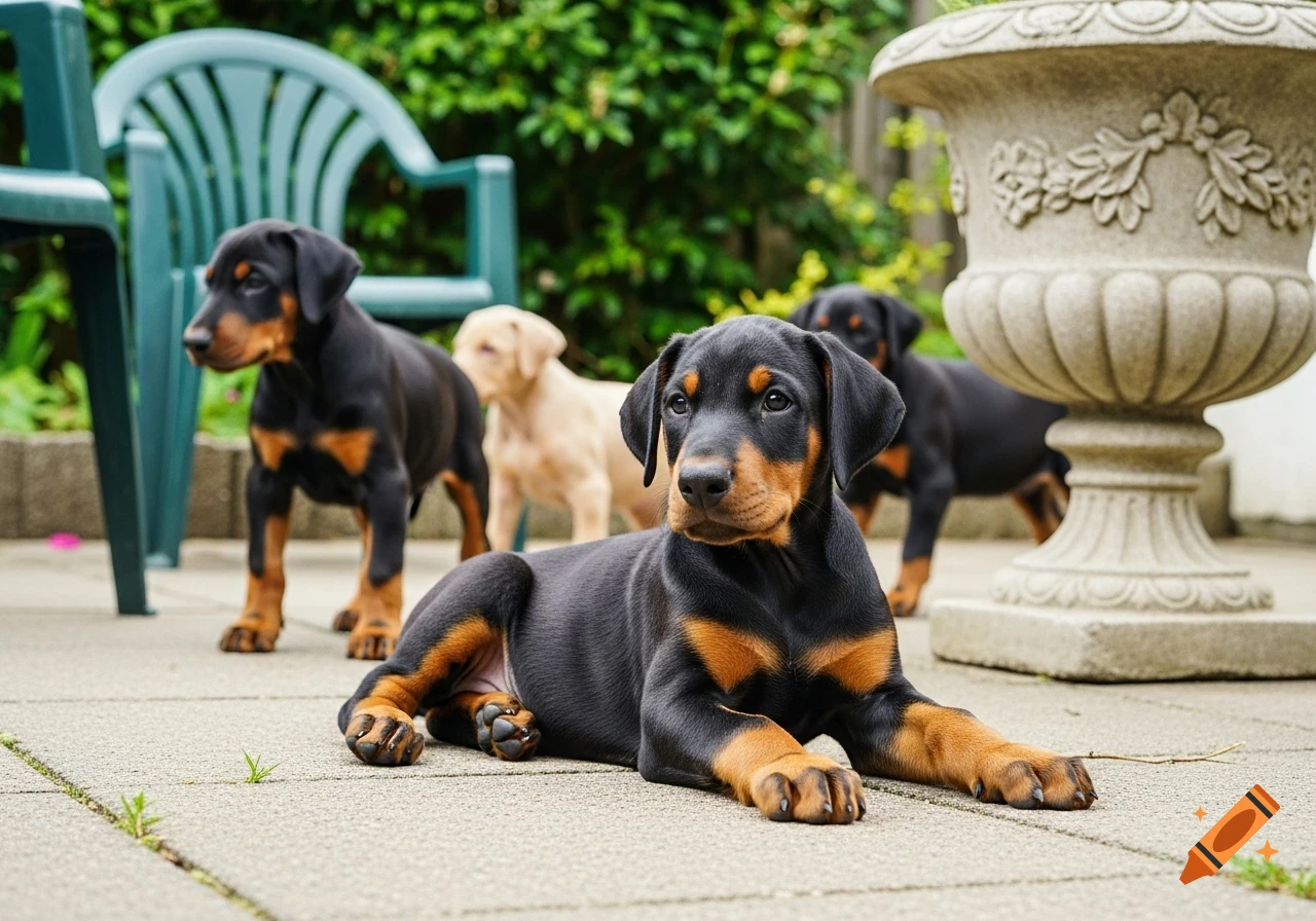 A black and tan Doberman puppy lies on a patio, with other Doberman puppies and a fawn puppy in the green garden background.