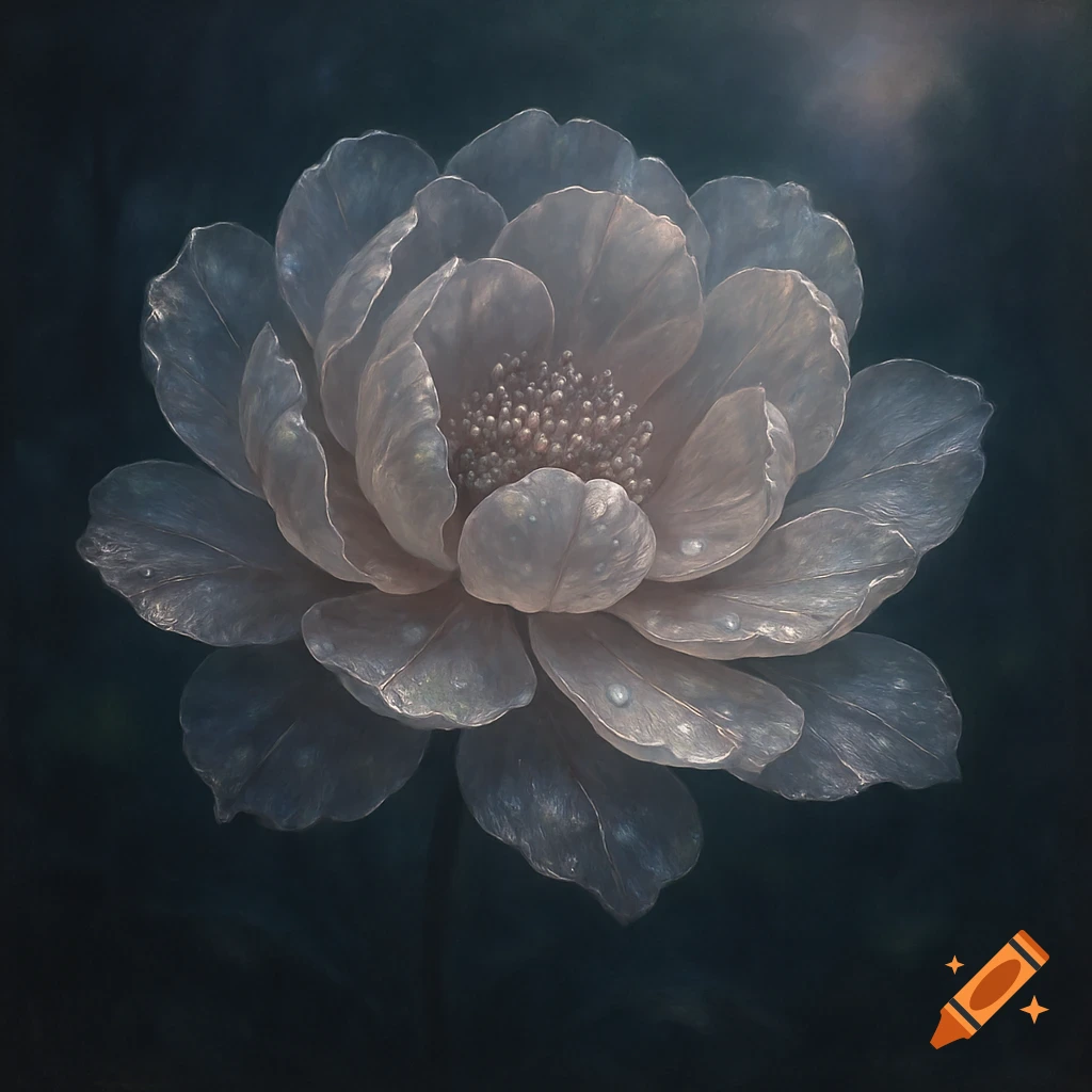A luminous, translucent flower with delicate petals and water droplets on a dark, moody background.