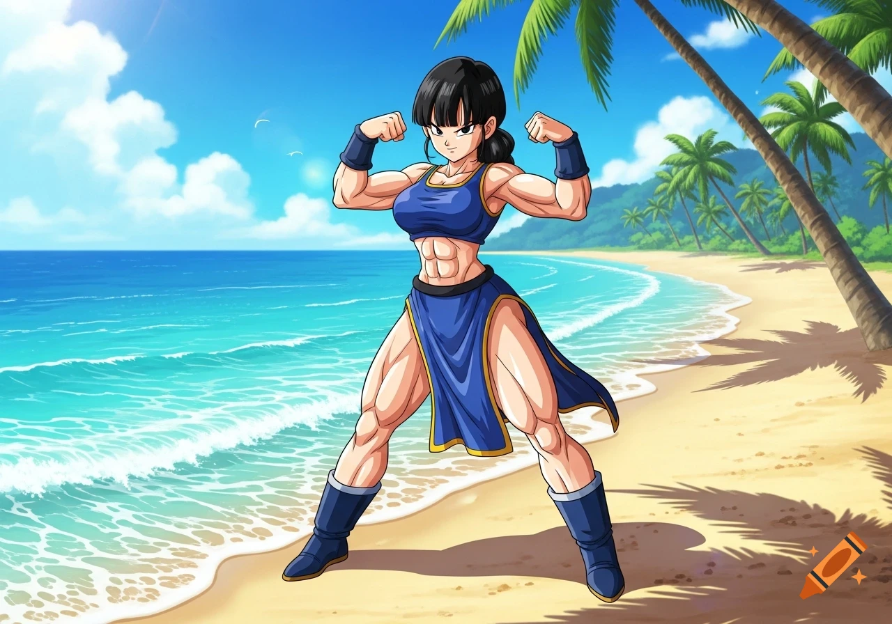 Anime character Chi Chi from Dragon Ball Super flexing muscles on a sunny beach with palm trees.