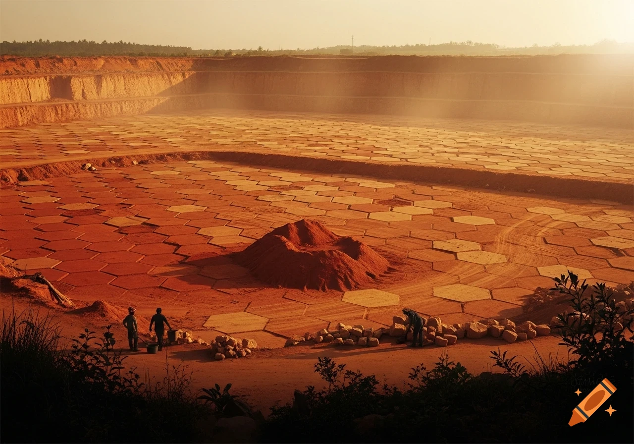 Photorealistic image of a vast quarry at sunrise, showing a landscape of hexagonal patterns and two workers in the foreground.