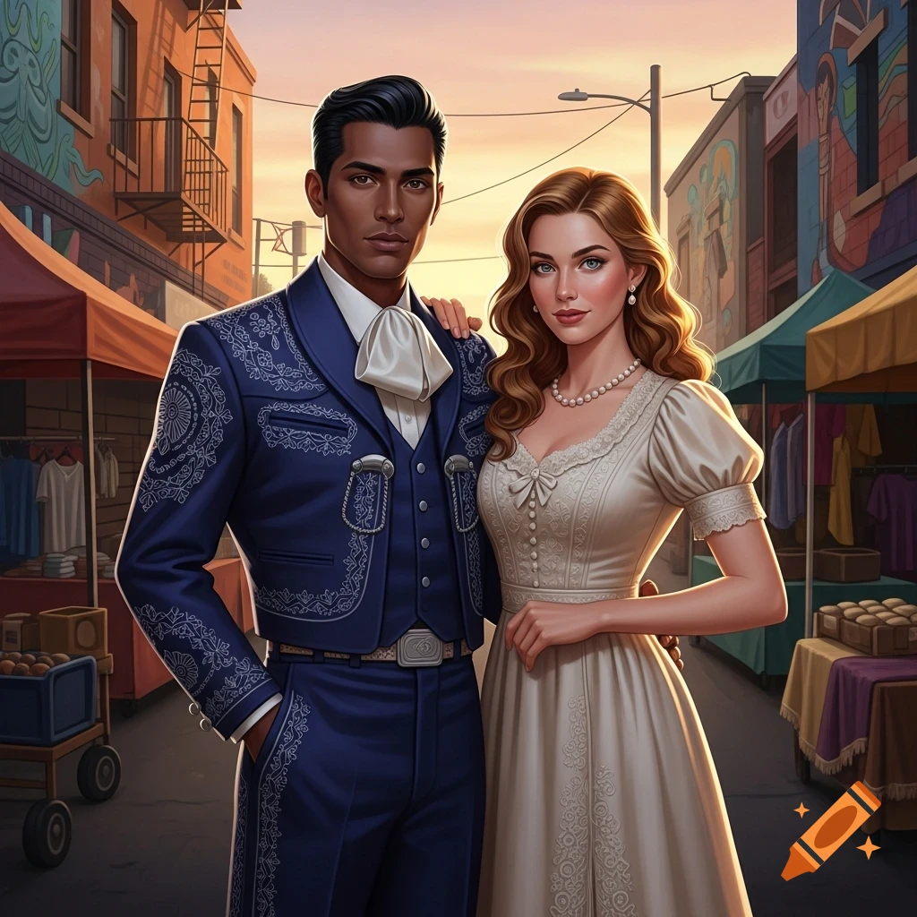 An illustrated man in a blue mariachi suit and a woman in a white dress stand in a colorful market street at sunset.