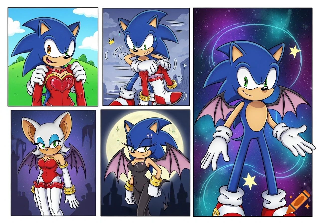 A multi-panel cartoon comic showing Sonic the Hedgehog transforming into Rouge the Bat and posing.