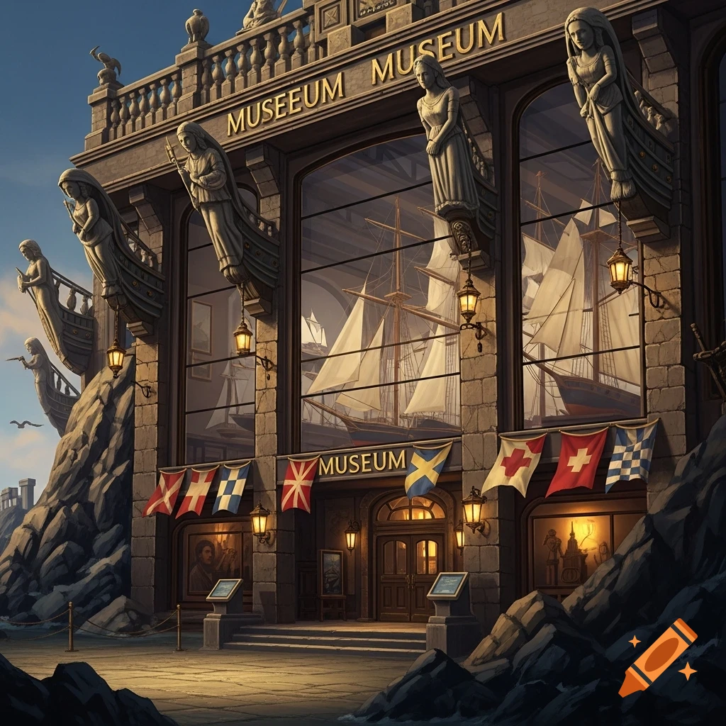 A grand stone museum with large windows displaying ships, adorned with statues and flags, set by a rocky coastline.