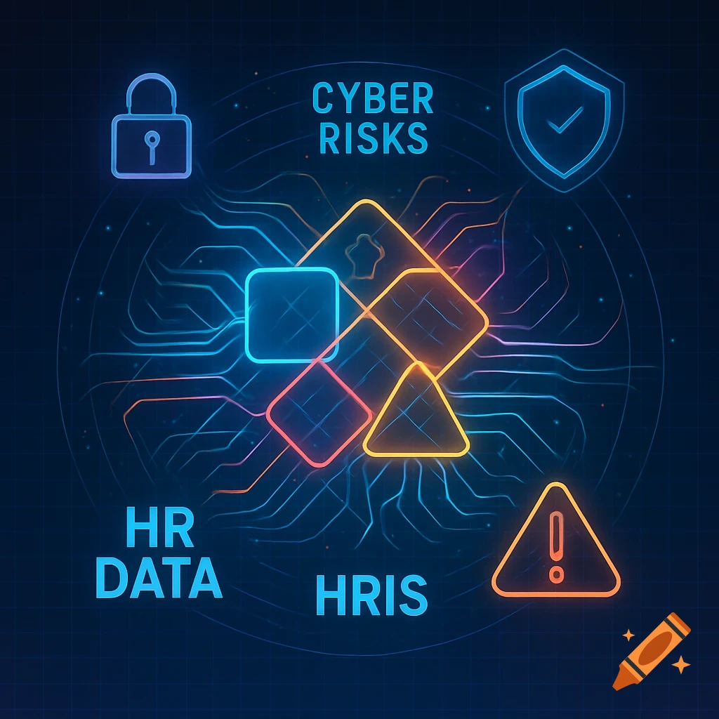 Conceptual diagram with glowing lines connecting a padlock, shield, and warning sign, with text 'CYBER RISKS', 'HR DATA', 'HRIS' on a dark grid background.