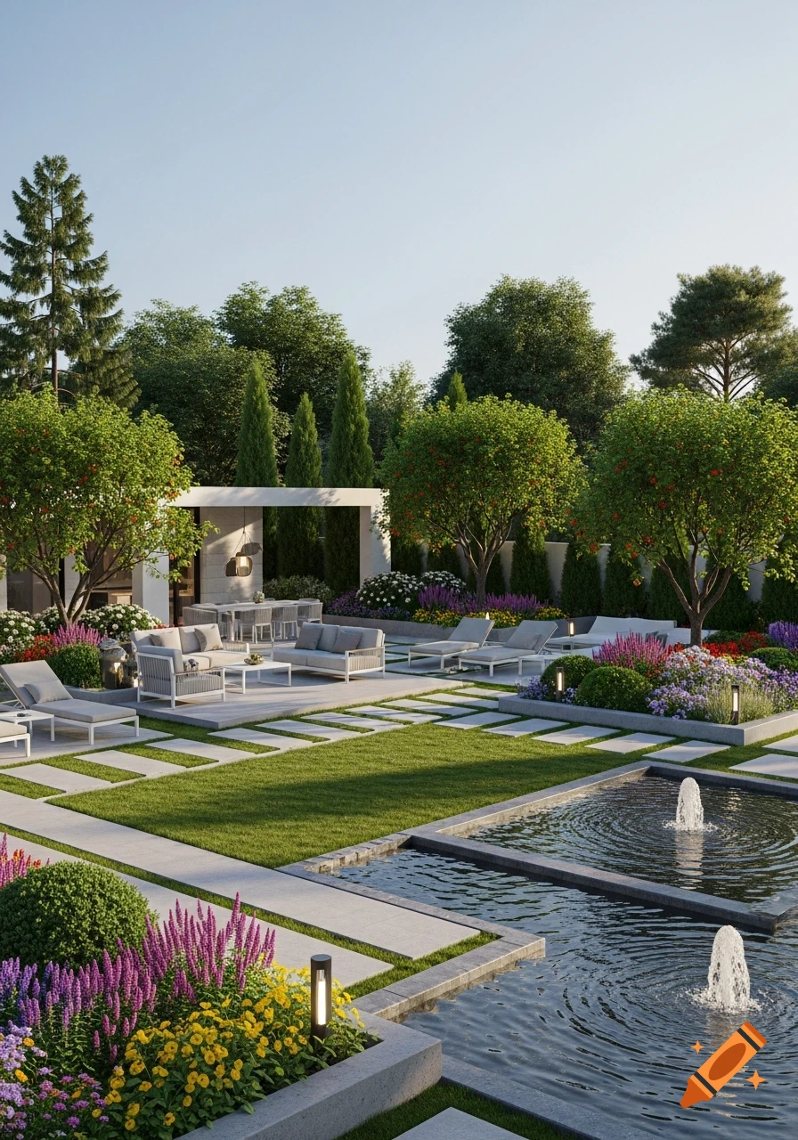 Photorealistic luxurious villa landscape with green lawn, stone paths, outdoor seating, vibrant flowerbeds, and fountains.