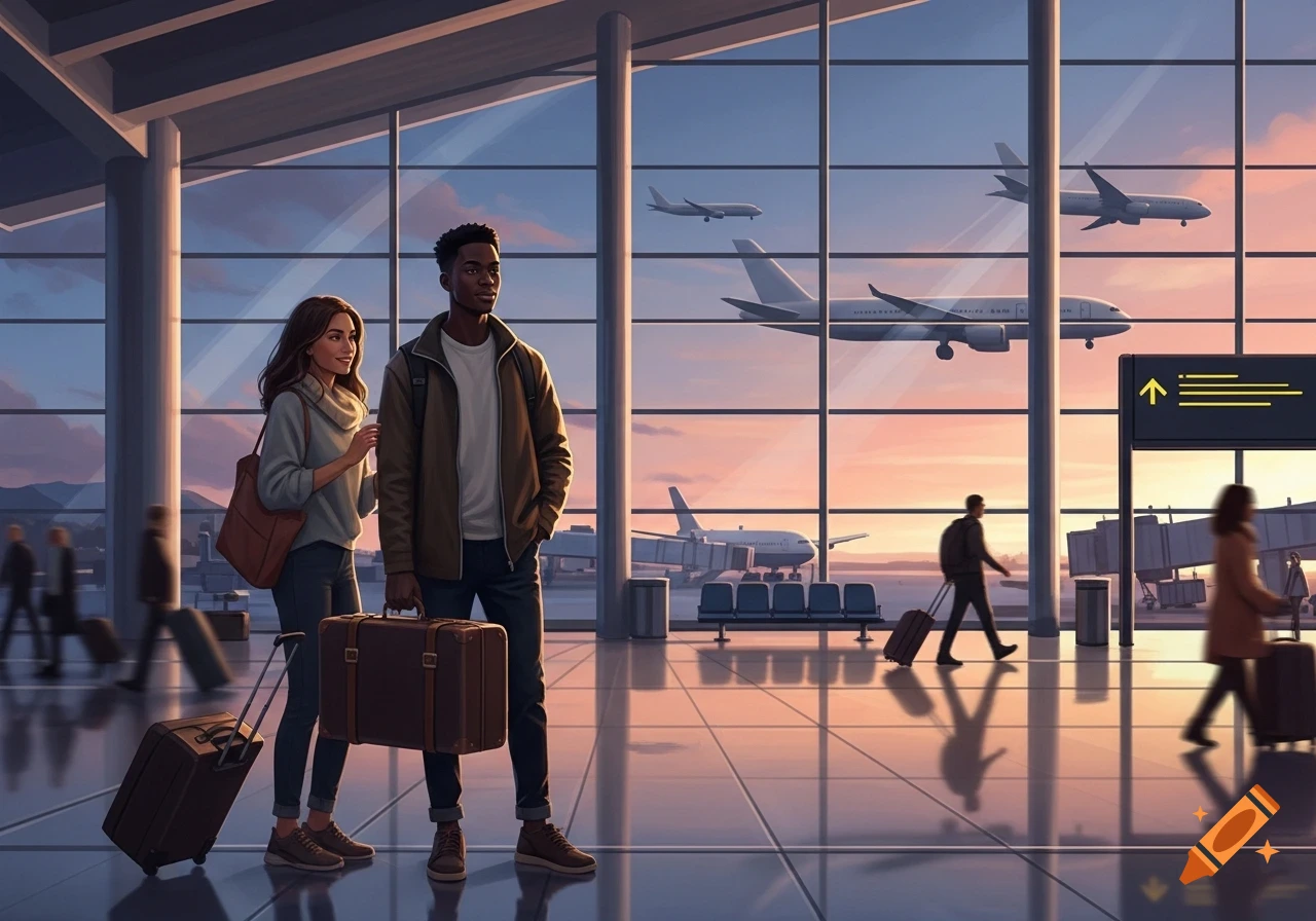 Young couple with luggage in a stylized airport terminal, watching airplanes on the tarmac at sunset.