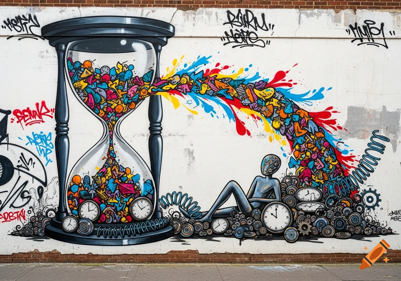 An urban art mural on a white wall featuring a large hourglass pouring a colorful stream of abstract shapes onto a reclining stylized figure surrounded by clocks and gears.
