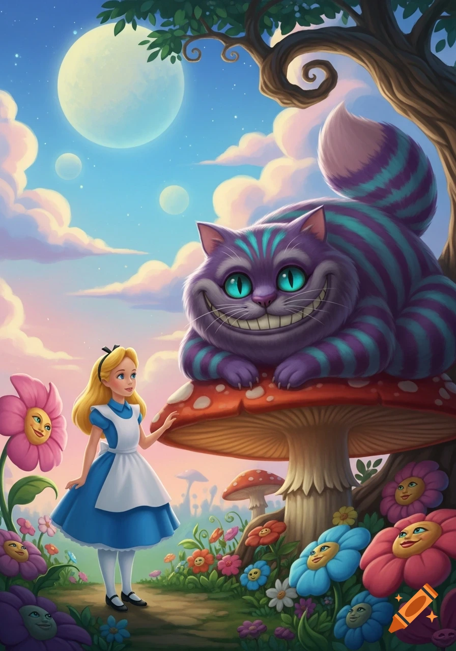 Alice stands beside the purple Cheshire Cat on a mushroom in a whimsical Wonderland landscape with talking flowers and moons, in an illustrated style.