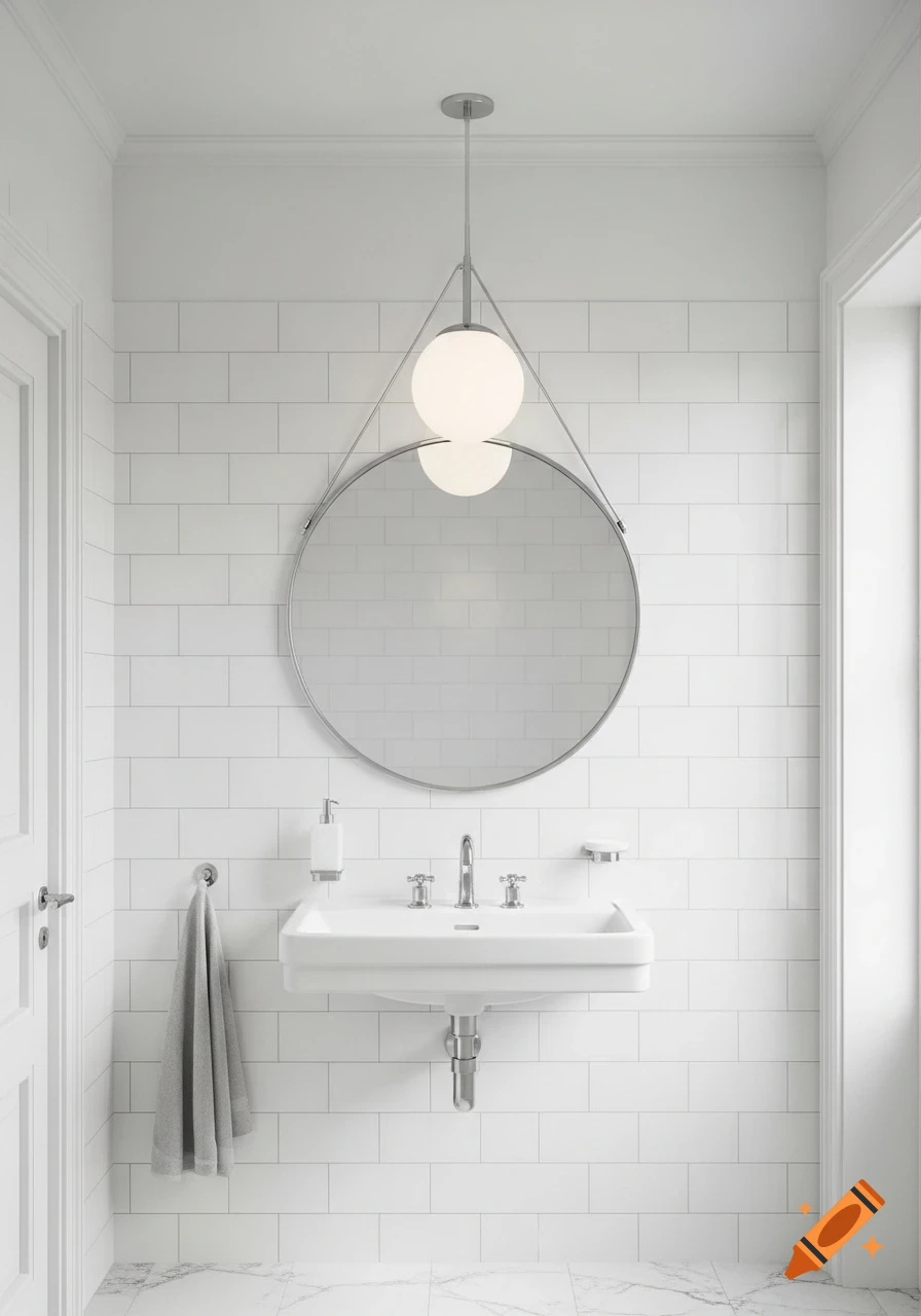 A clean, modern white bathroom featuring a large circular mirror, a white sink, and a unique hanging spherical light fixture.