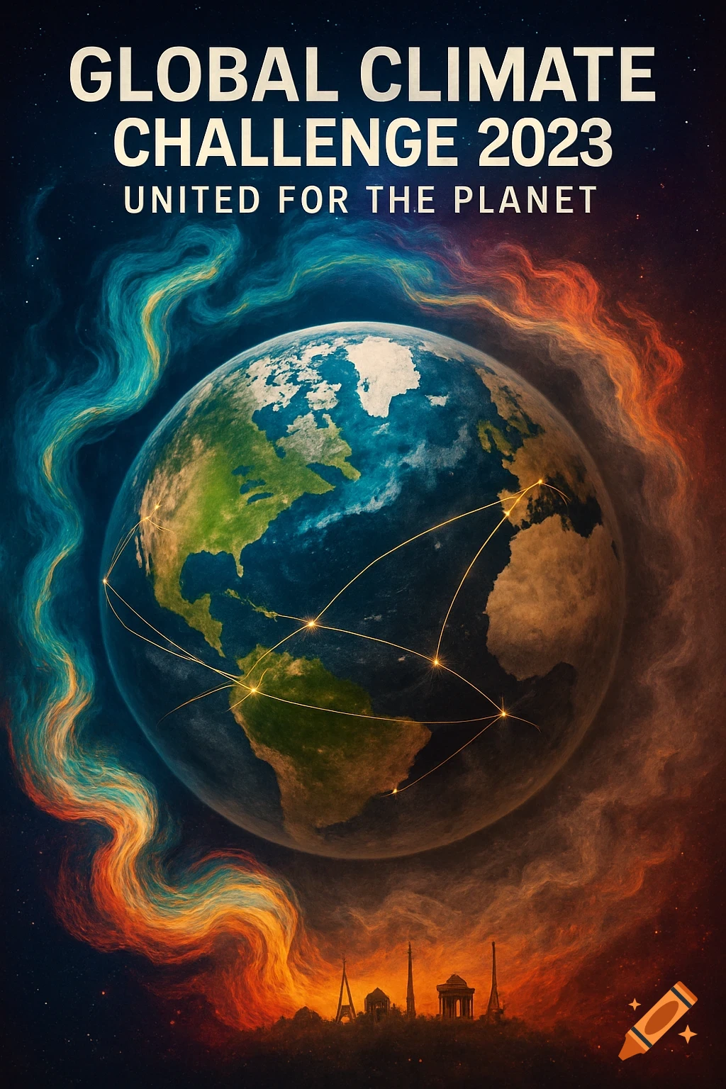 Digital illustration of Earth with golden connection lines, swirling blue and orange energy. Text 'GLOBAL CLIMATE CHALLENGE 2023 UNITED FOR THE PLANET' and silhouetted landmarks.