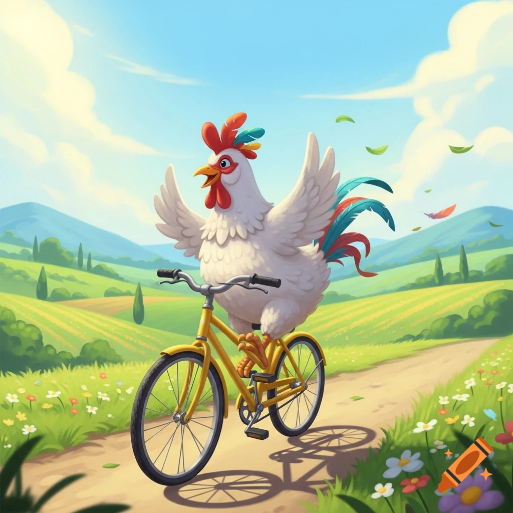 A cheerful cartoon chicken rides a yellow bicycle on a dirt path through a sunny, green field with rolling hills and blue sky.