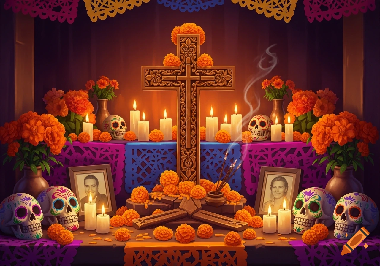 A colorful Dia de los Muertos altar featuring a large ornate wooden cross, surrounded by bright orange marigold flowers, lit candles, decorated sugar skulls, and framed photographs.