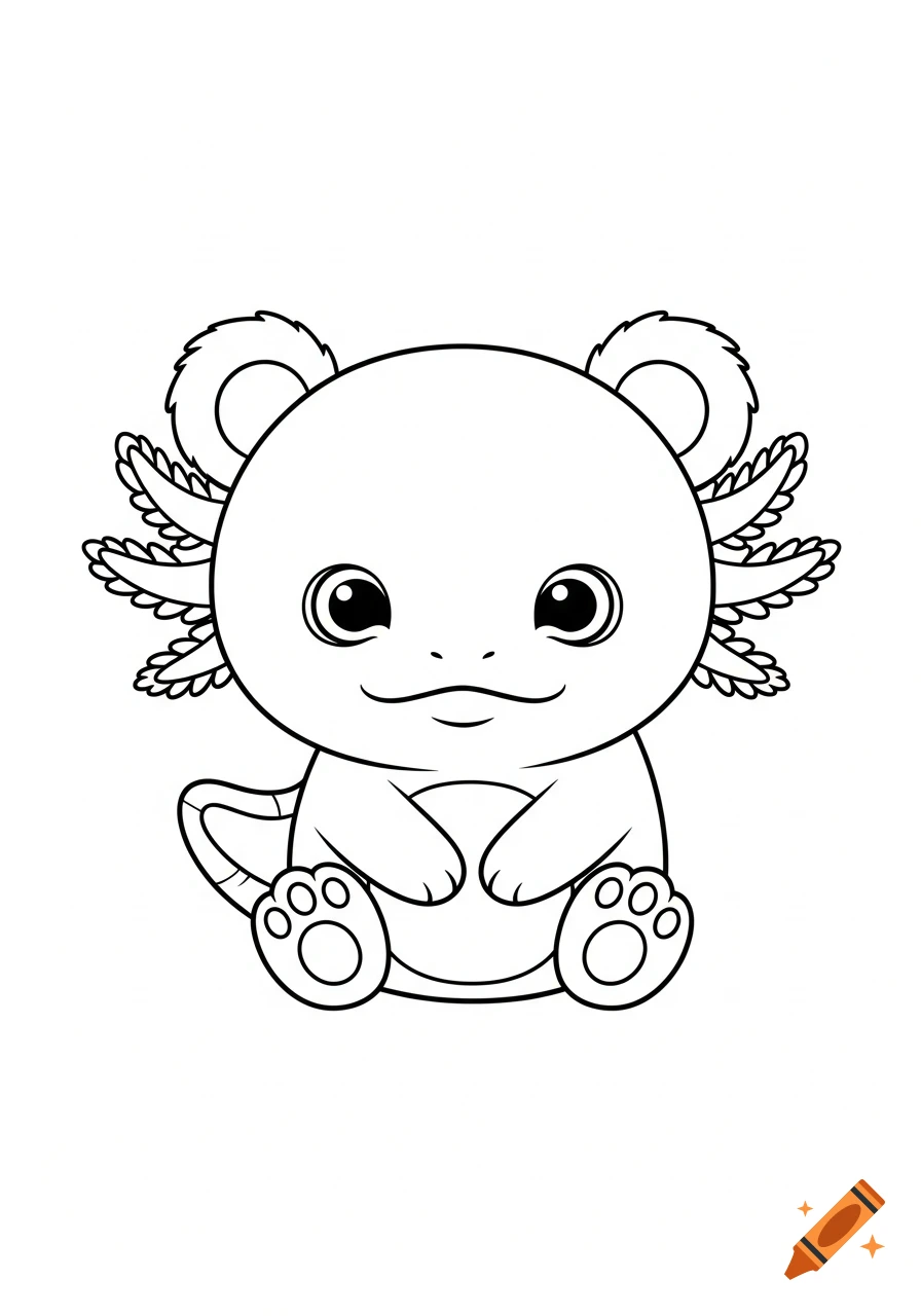 Black and white line art coloring page of a cute, cartoon axolotl-bear hybrid with a big round head, fluffy ears, external gills, and small paws, sitting on a white background.