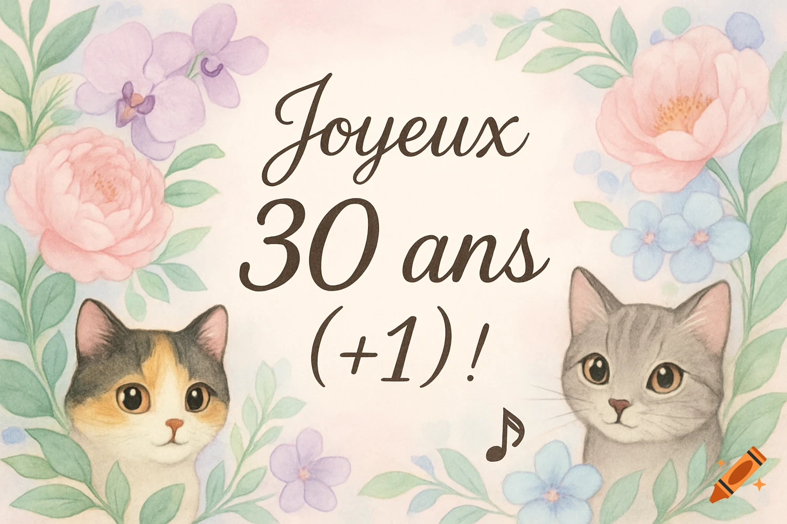 Watercolor birthday card with two cute cats framed by pink and purple flowers and green leaves, with text 'Joyeux 30 ans (+1)!'.