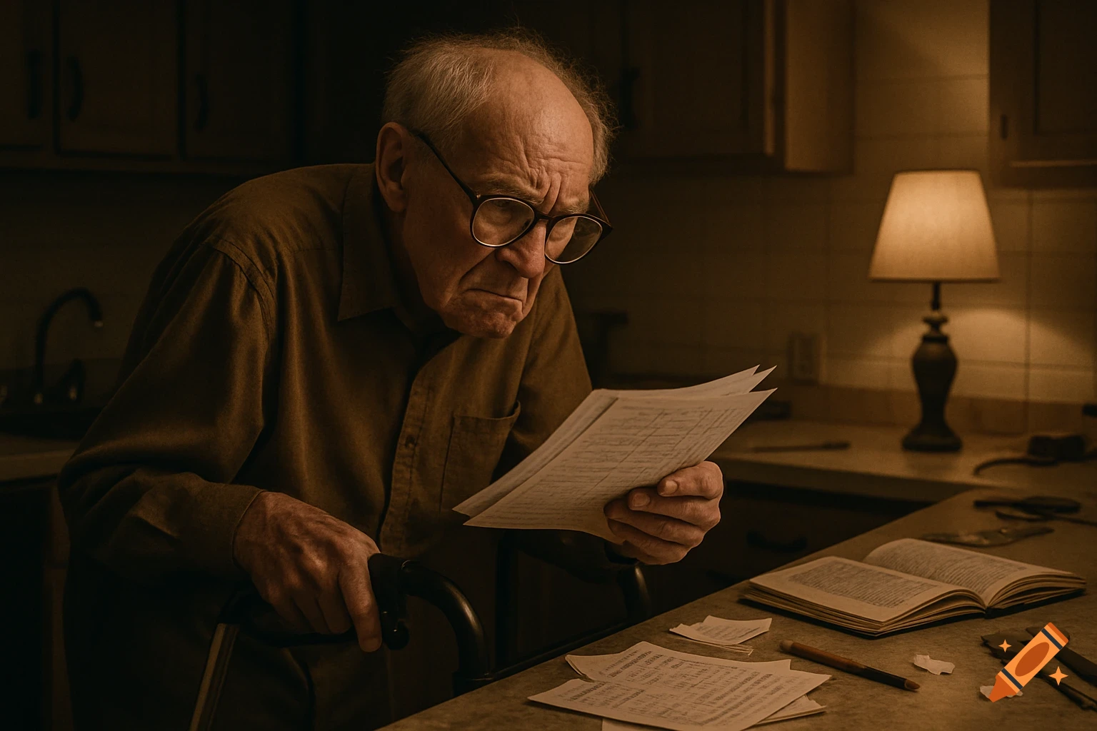 Elderly man with glasses reads papers at a kitchen counter, leaning on a walker in dim light.
