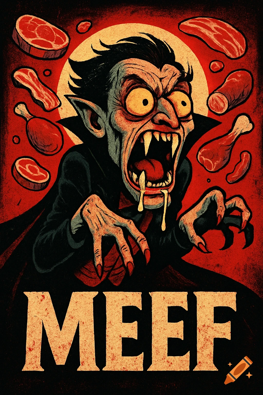 A cartoonish, hungry vampire with sharp fangs and dripping saliva, surrounded by raw meat cuts, with the text "MEEF" at the bottom. Stylized grunge art.