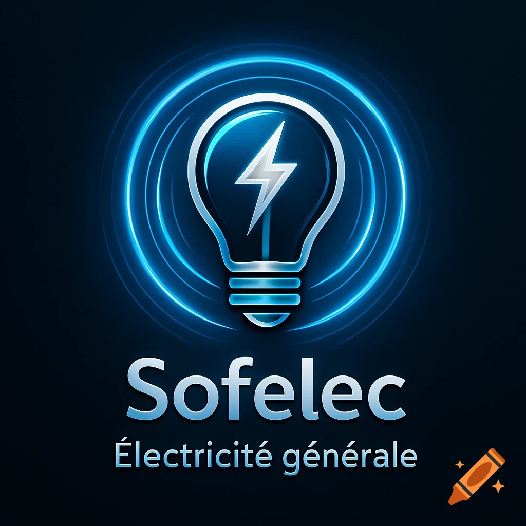 A glowing blue and silver lightbulb icon with a lightning bolt and electric rings, with 'Sofelec Électricité générale' text below.