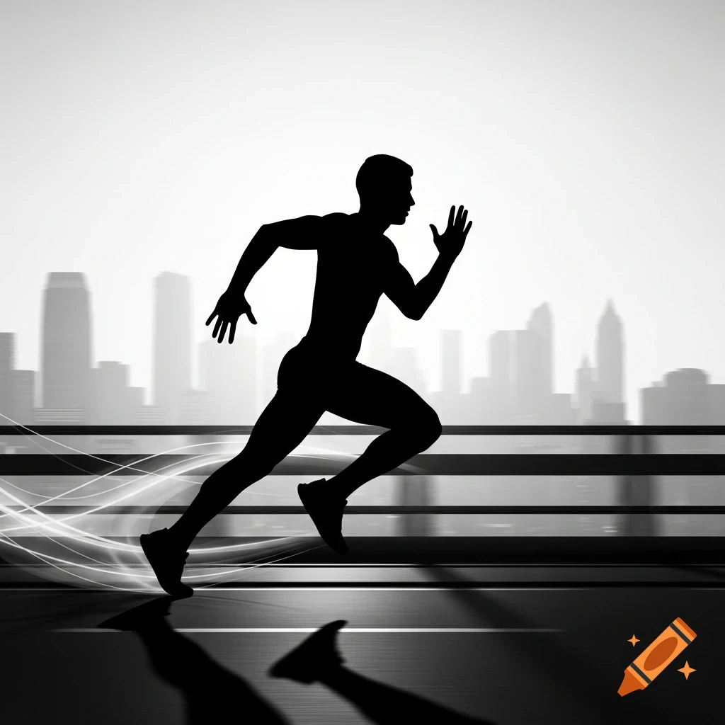 Silhouette of a man running fast against a blurred city skyline, with motion lines at his feet.