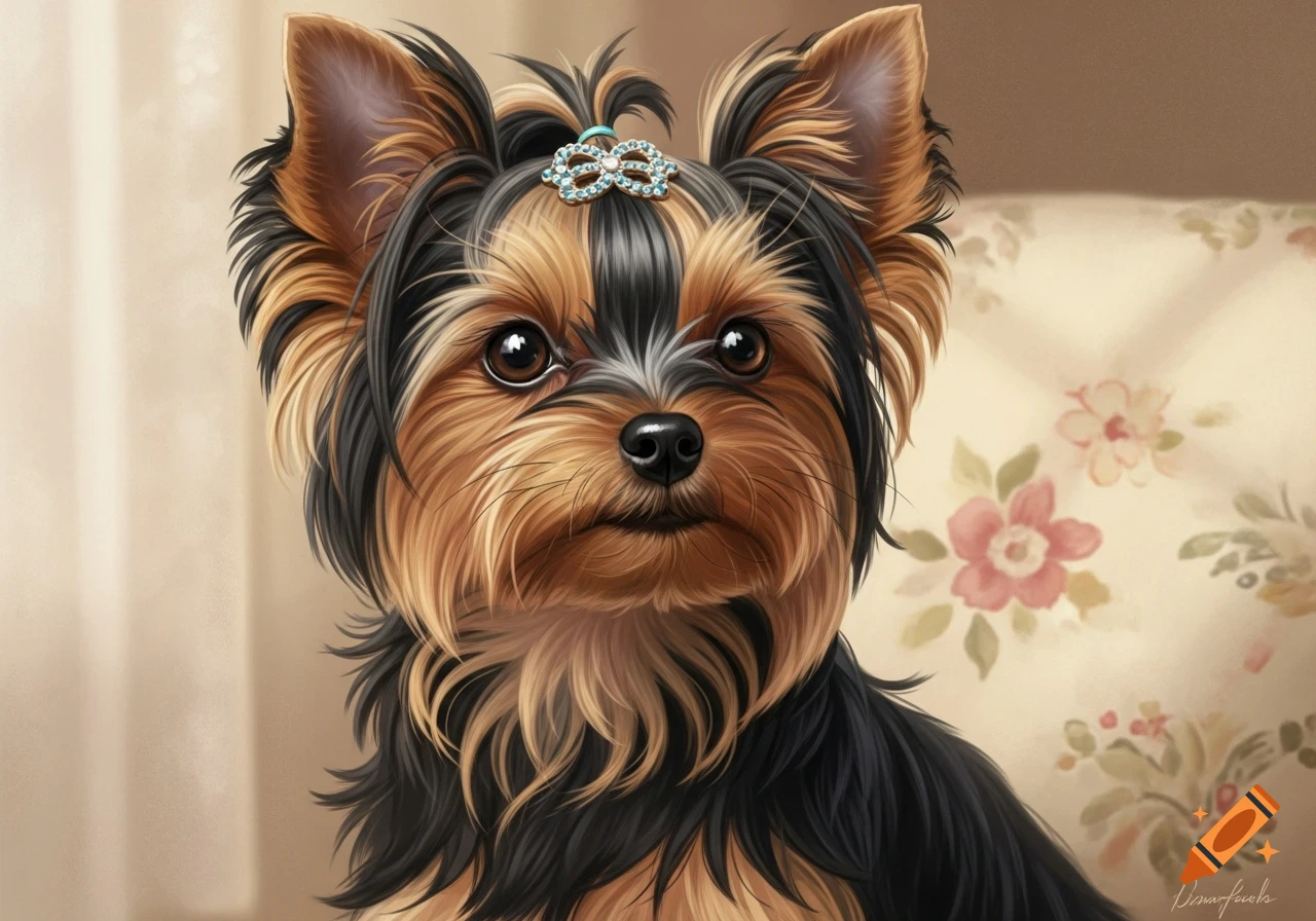 Close-up illustration of a cute black and tan Yorkshire Terrier dog with a blue jeweled bow in its topknot, on a floral background.