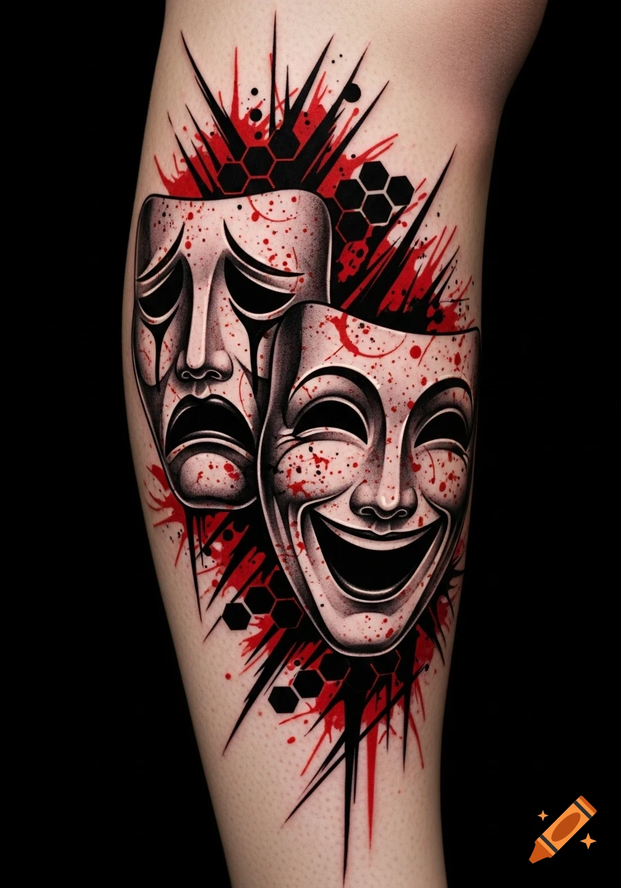 Trash Polka tattoo on a leg with sad and happy theatrical masks, red splatters, and black geometric designs.