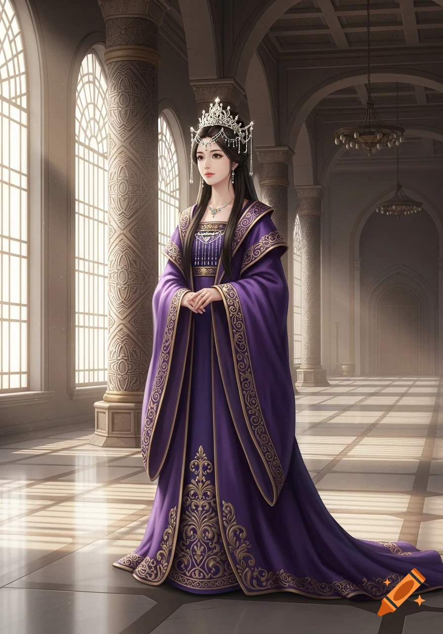A woman in a long, elaborate purple gown and an ornate silver crown stands in a grand, sunlit hall with arched windows.