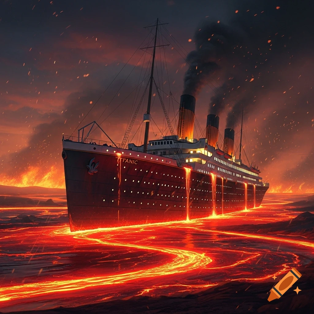 A large ship, the Titanic, sails through a river of molten lava under a fiery red and orange sky, with lava dripping from its sides.