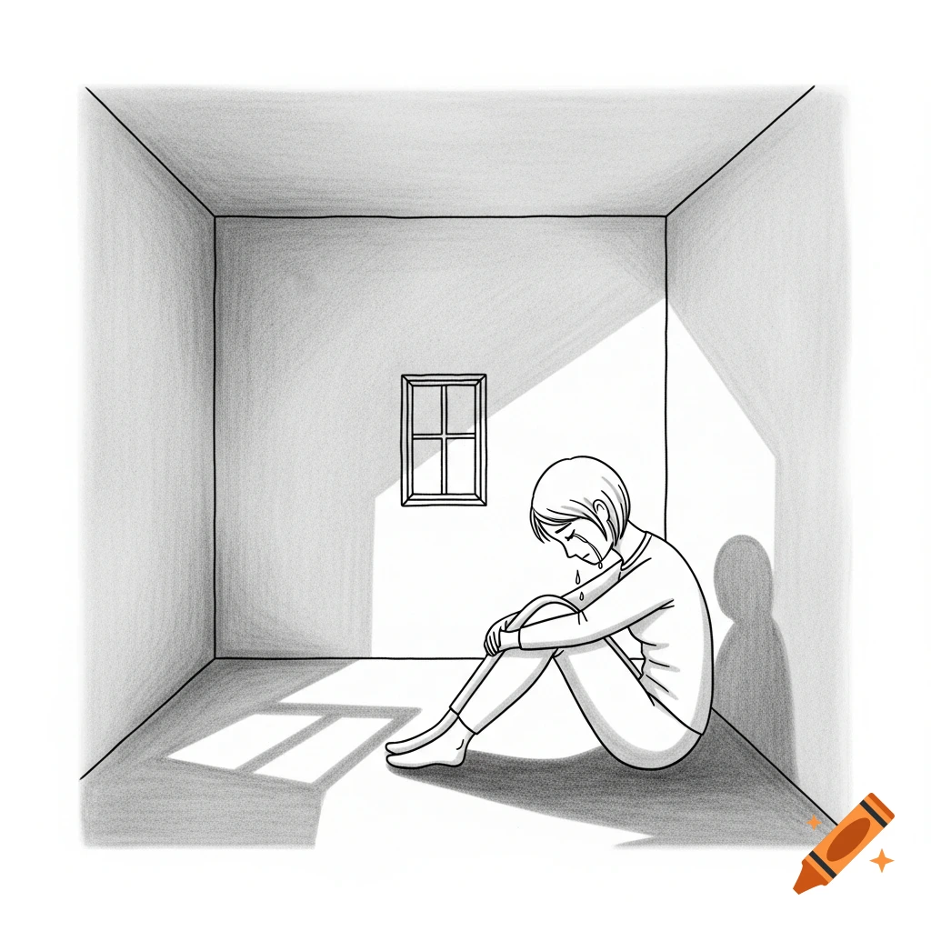 A black and white drawing of a person sitting and crying in an empty room, with light from a window casting shadows.