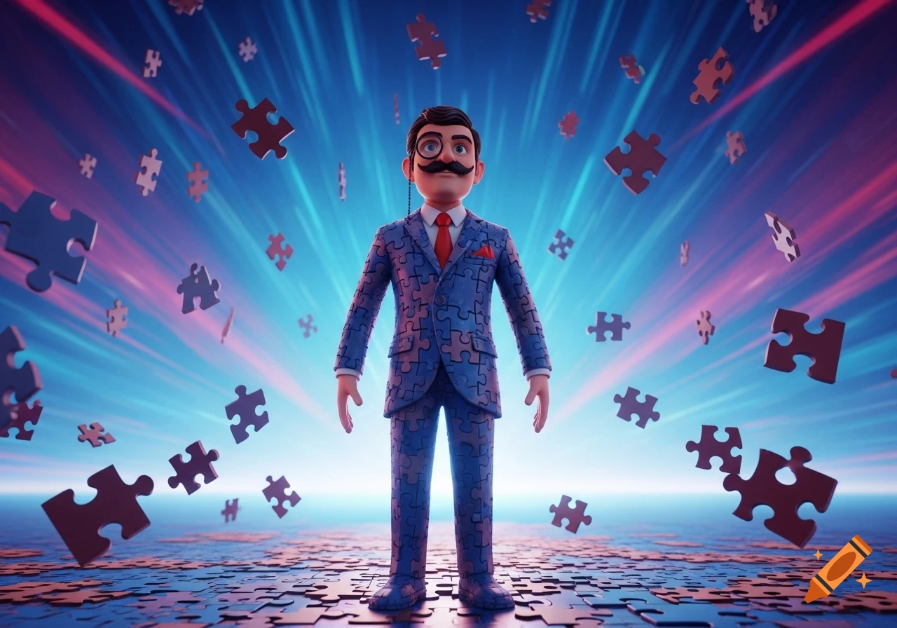 A cartoon man in a puzzle-piece suit and monocle stands among floating puzzle pieces against a vibrant glowing background.