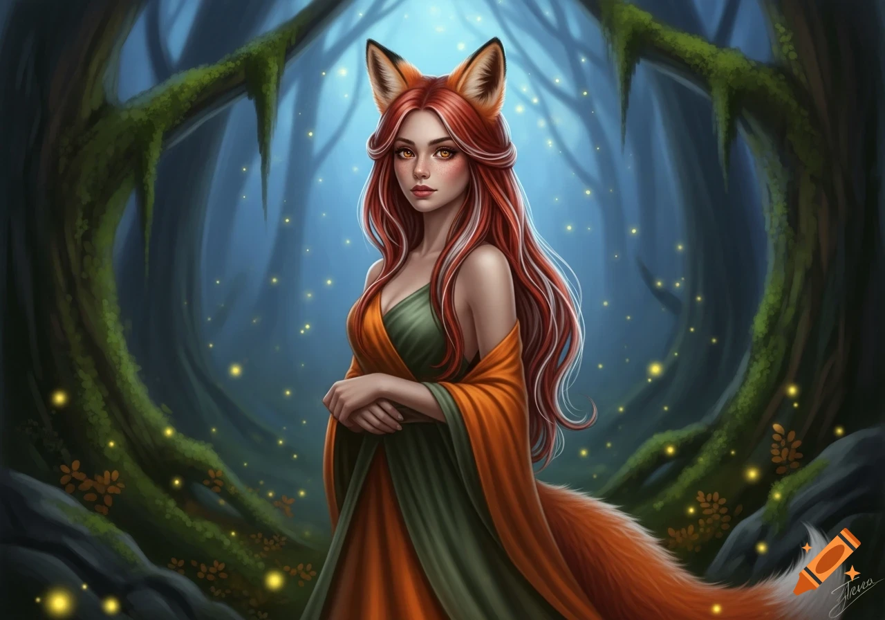 A beautiful fox girl with long red hair and fox ears, wearing a green and orange dress, stands in a magical forest with glowing lights.