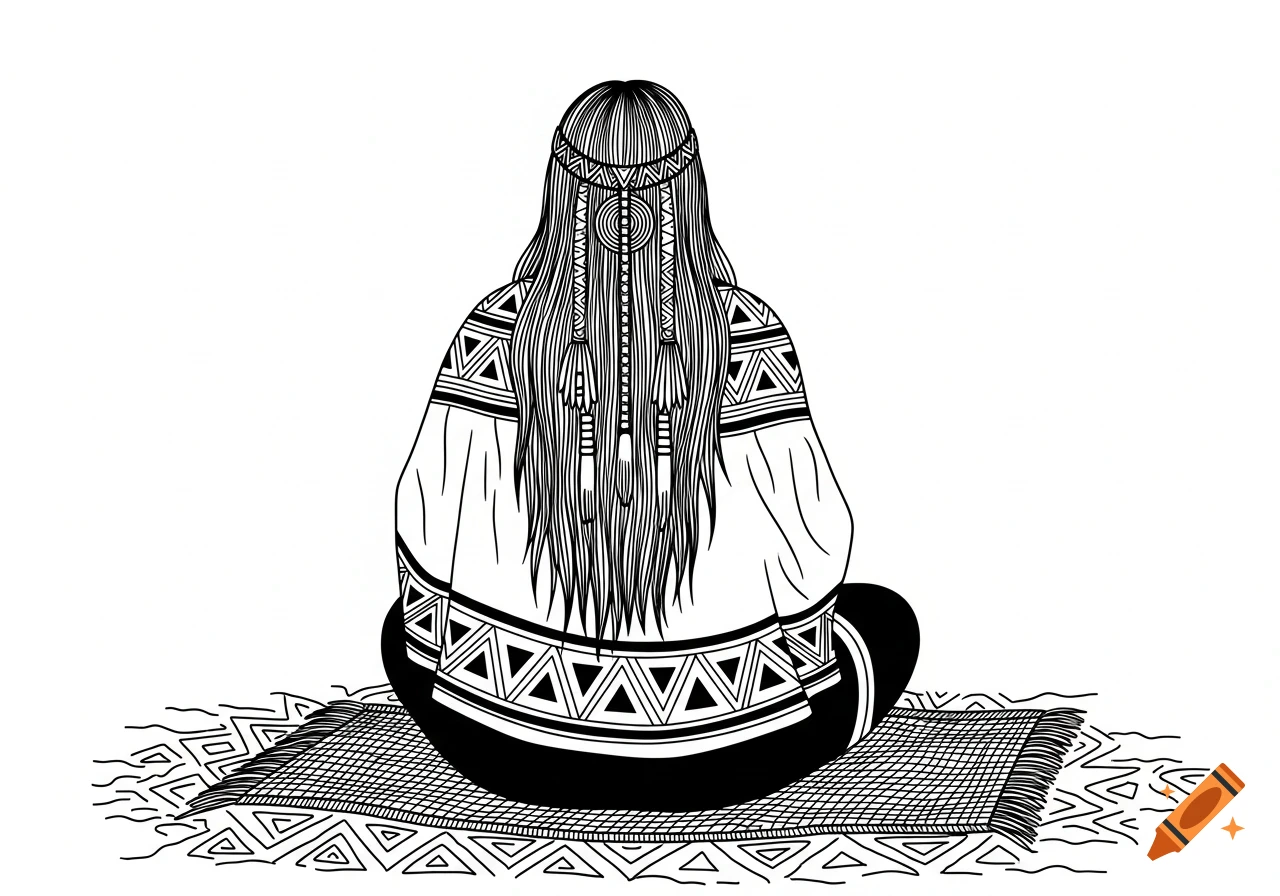 Black and white line art illustration of an indigenous woman sitting with her back to the viewer, wearing a patterned tunic and headband, on a textured mat.