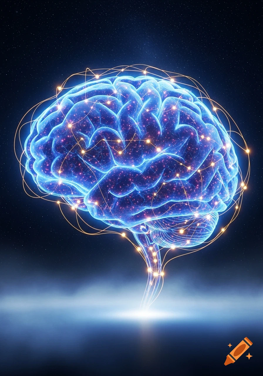A glowing blue brain with gold neural pathways on a starry dark background, light emanating from its base.