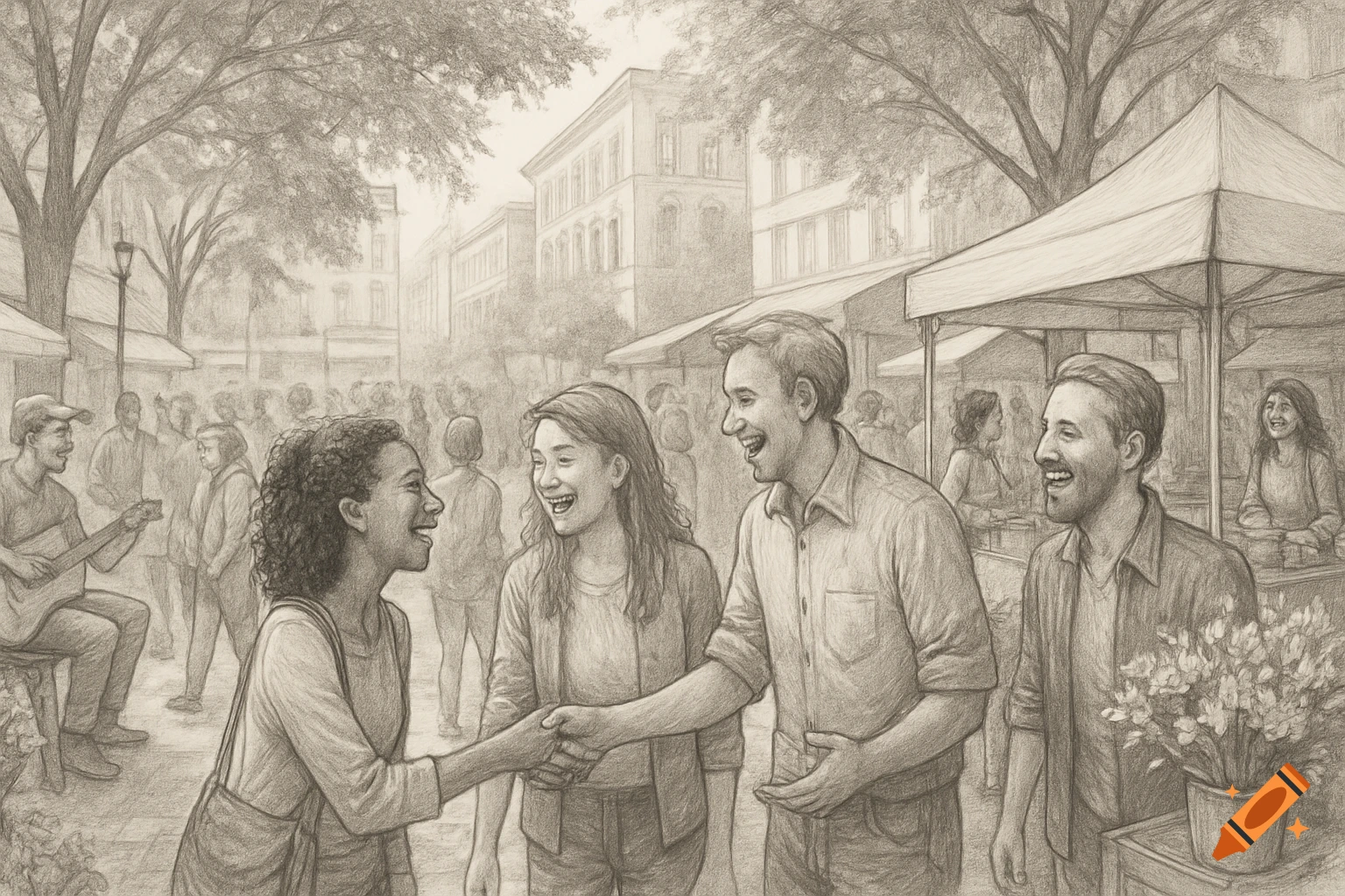 Pencil sketch of two people shaking hands and laughing in a busy outdoor market with other people, stalls, and trees.