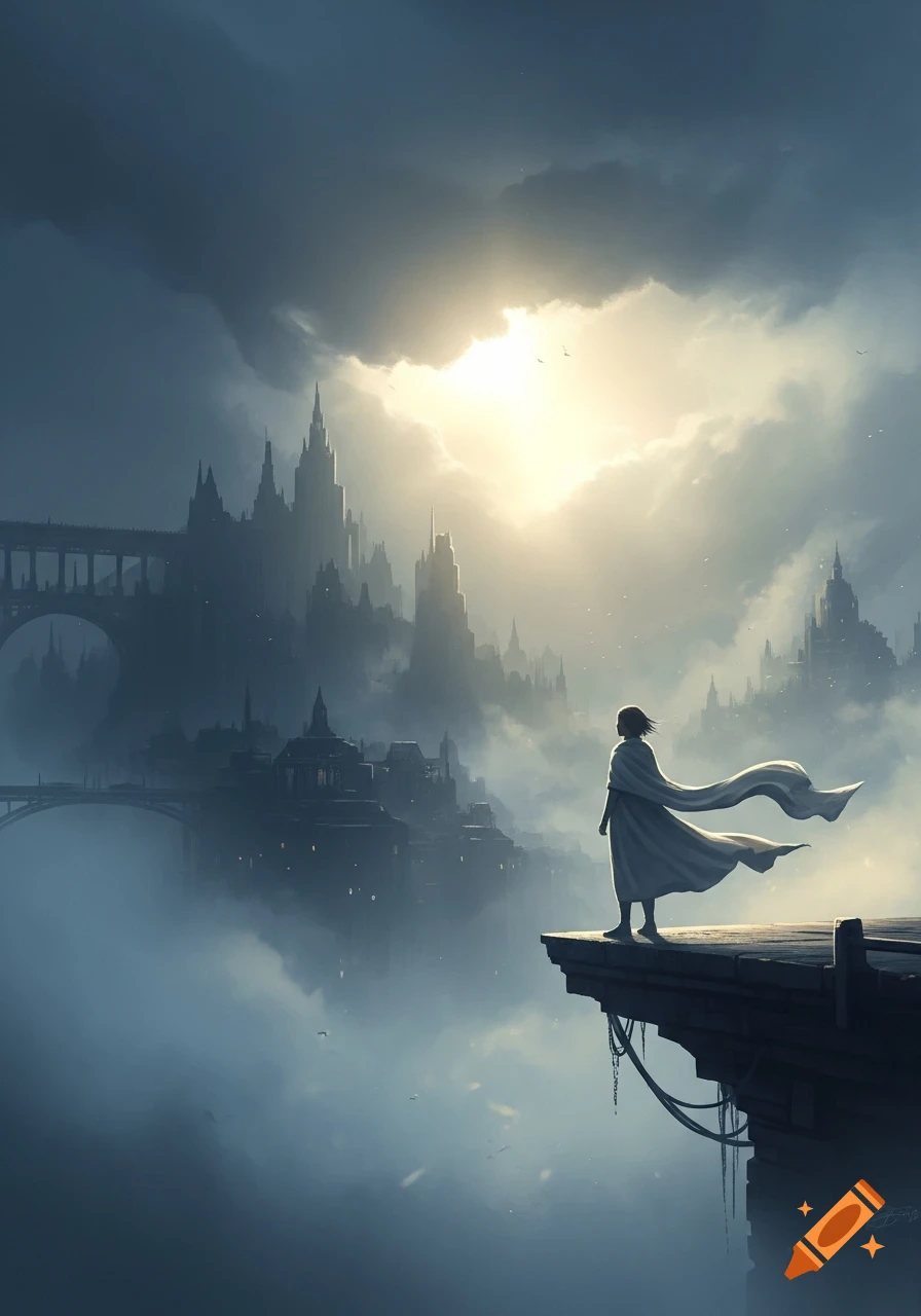 A robed figure stands on a cliff overlooking a vast, misty fantasy city with spires, under a dramatic sunlit sky, digital art.