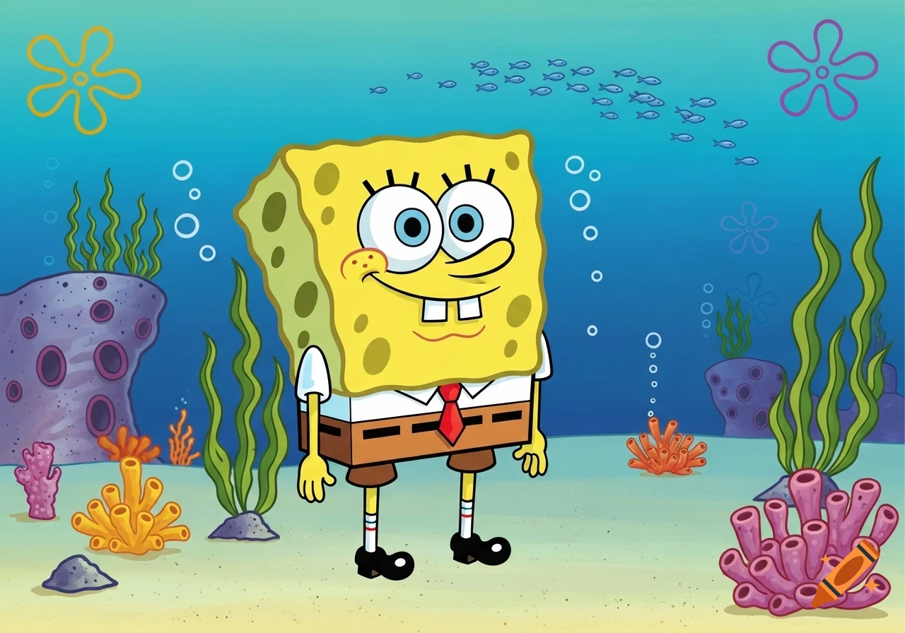 SpongeBob SquarePants stands underwater amidst coral, plants, and small fish, drawn in an early cartoon style.