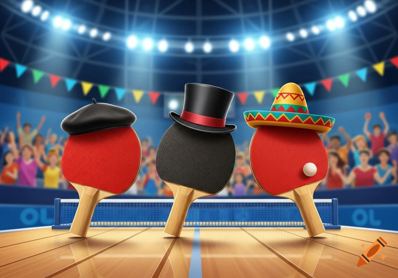 Three cartoonish ping-pong paddles with a beret, top hat, and sombrero stand on a court in a stadium.