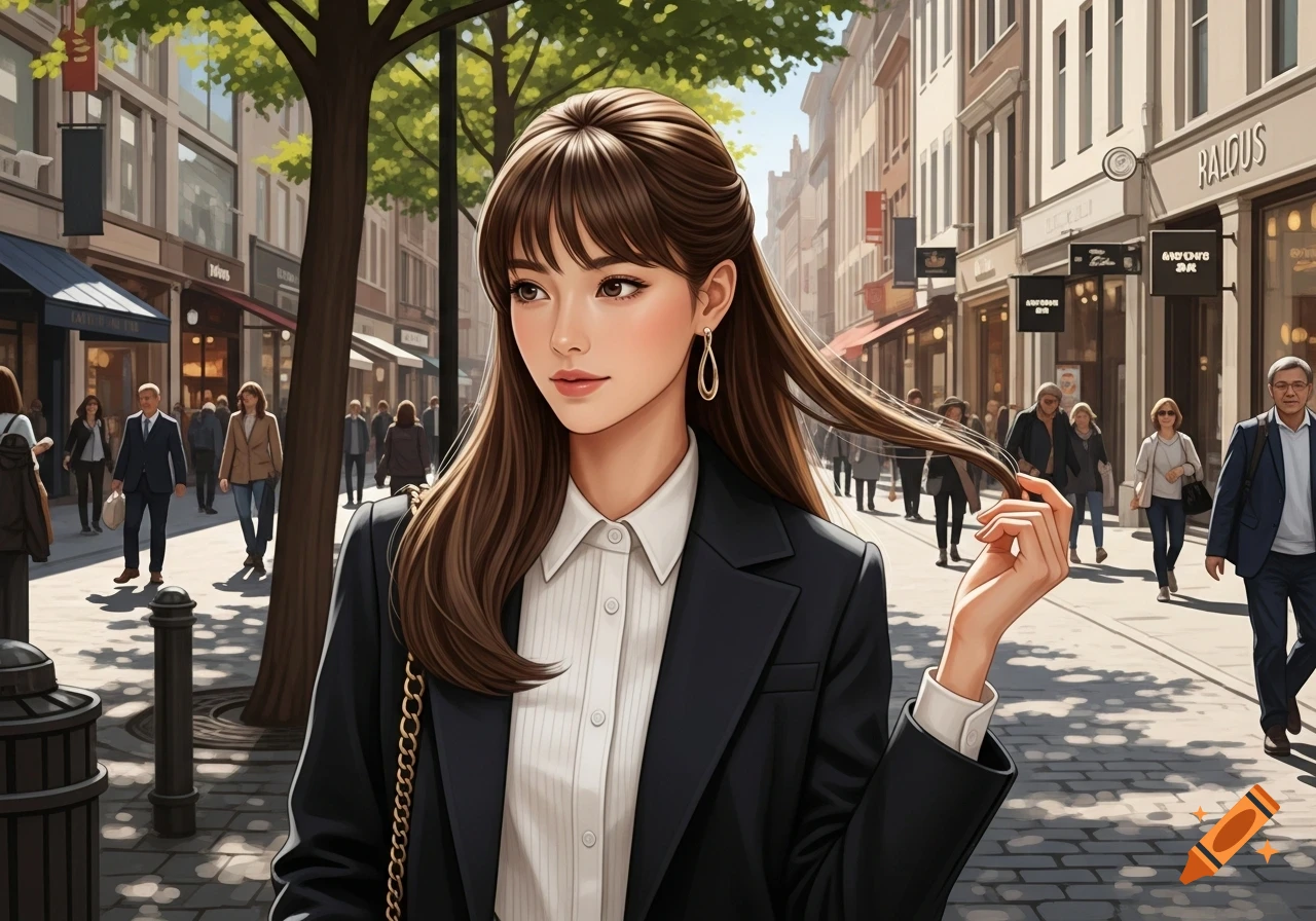 An anime-style woman with brown hair, wearing a dark blazer and white shirt, stands on a bustling city street lined with shops.
