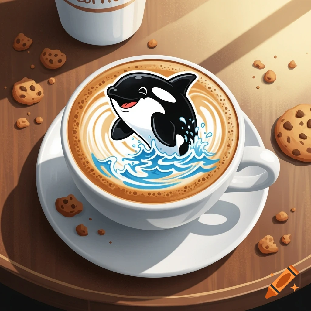 A cartoon orca jumps out of blue latte art in a white cappuccino cup, surrounded by chocolate chip cookies on a wooden table.
