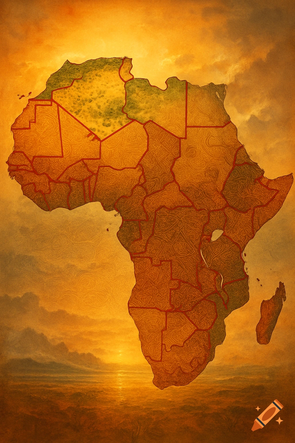 Textured map of Africa with red colonial borders against a vibrant orange and green sky and ocean.