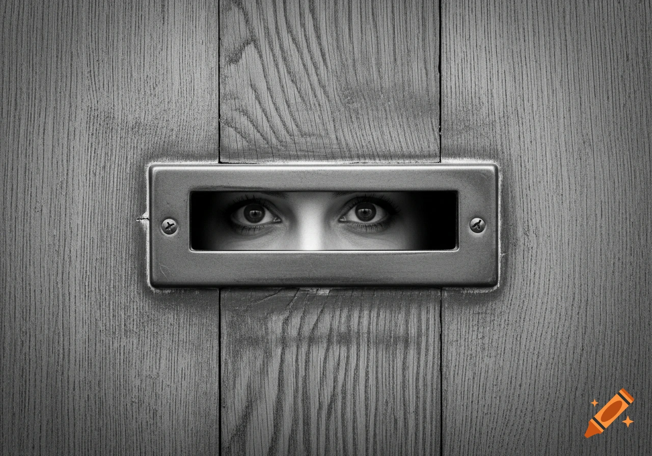 Close-up black and white photo of a woman's wide eyes peering intensely through a narrow metal mail slot on a wooden door.