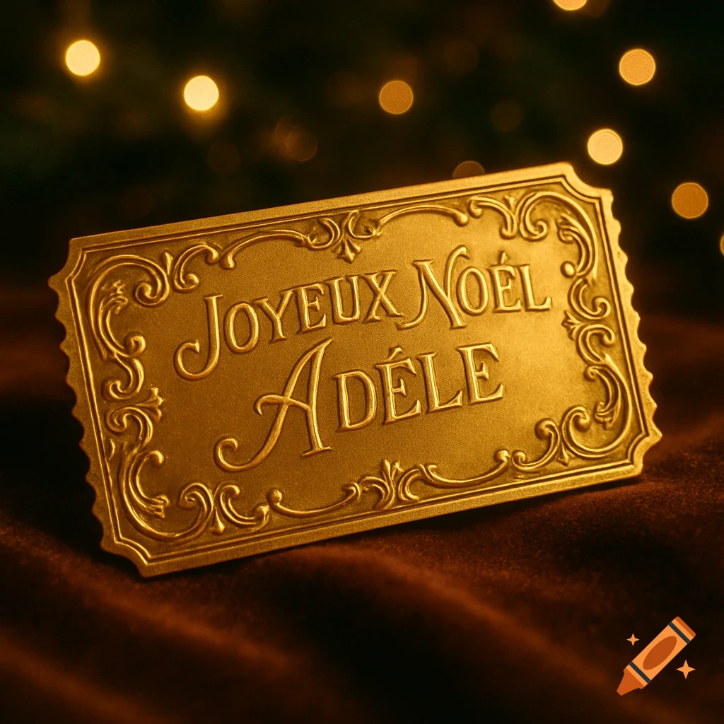 A close-up of a golden ticket with ornate borders, reading "Joyeux Noël Adèle" in embossed lettering, against a dark, blurry background with warm bokeh lights.