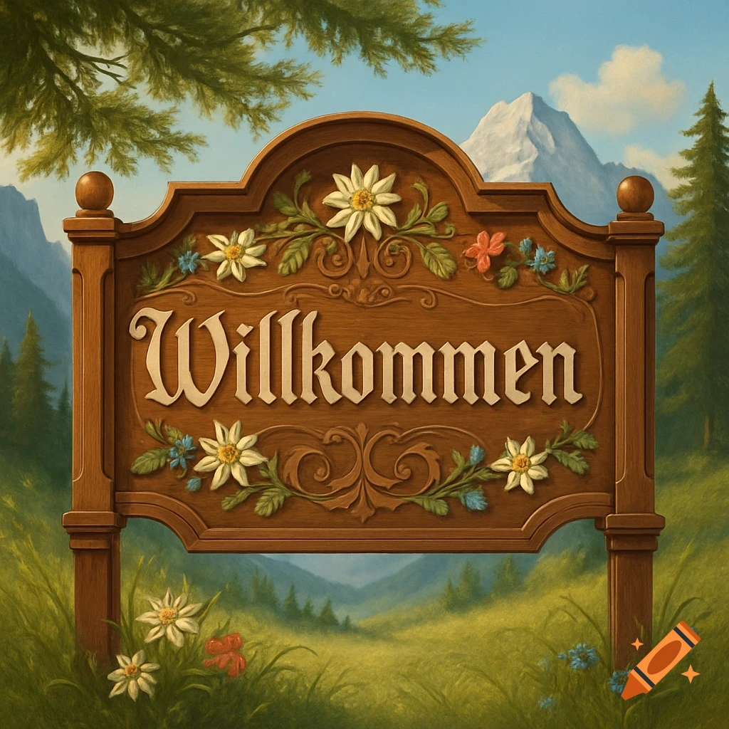 A rustic wooden "Willkommen" sign adorned with flowers in a lush mountain landscape under a blue sky.
