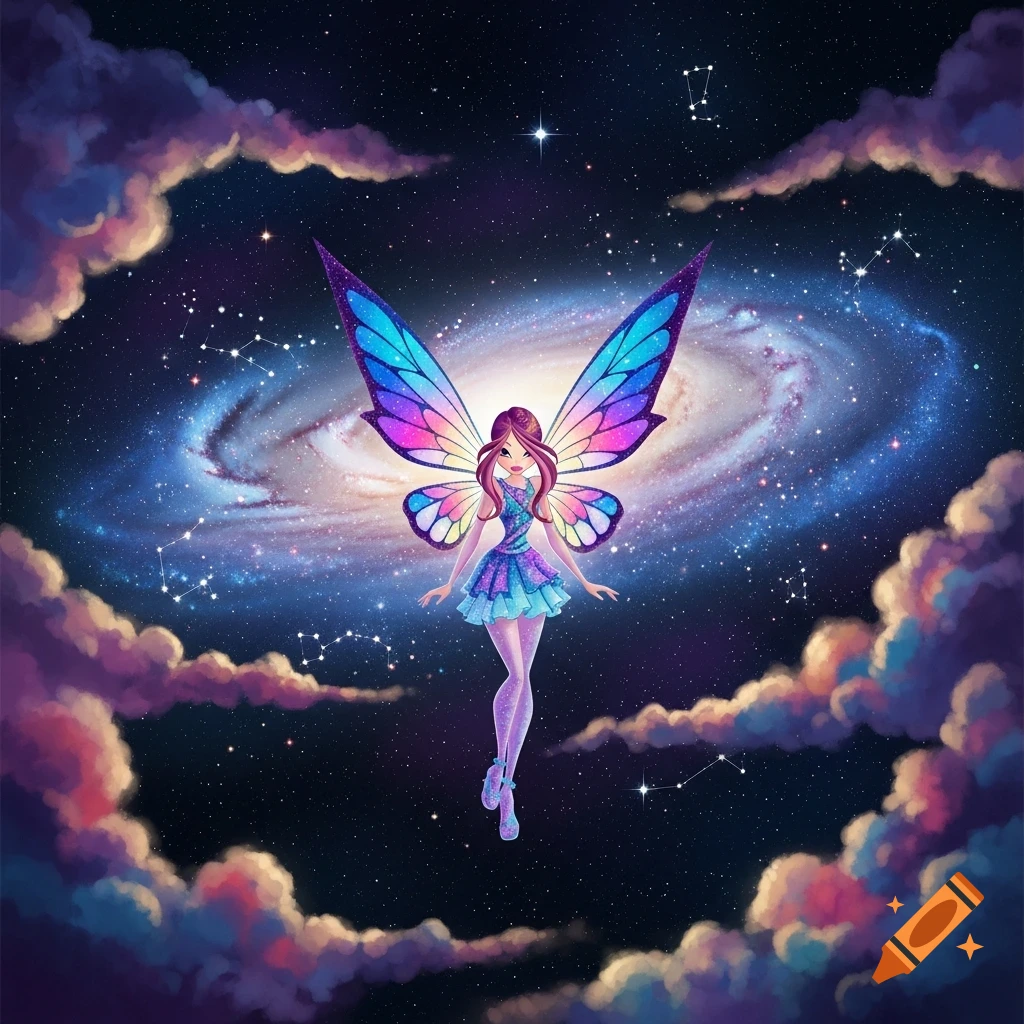 A cartoon fairy with vibrant blue, purple, and pink wings and dress floats in a galaxy filled with stars and colorful clouds.