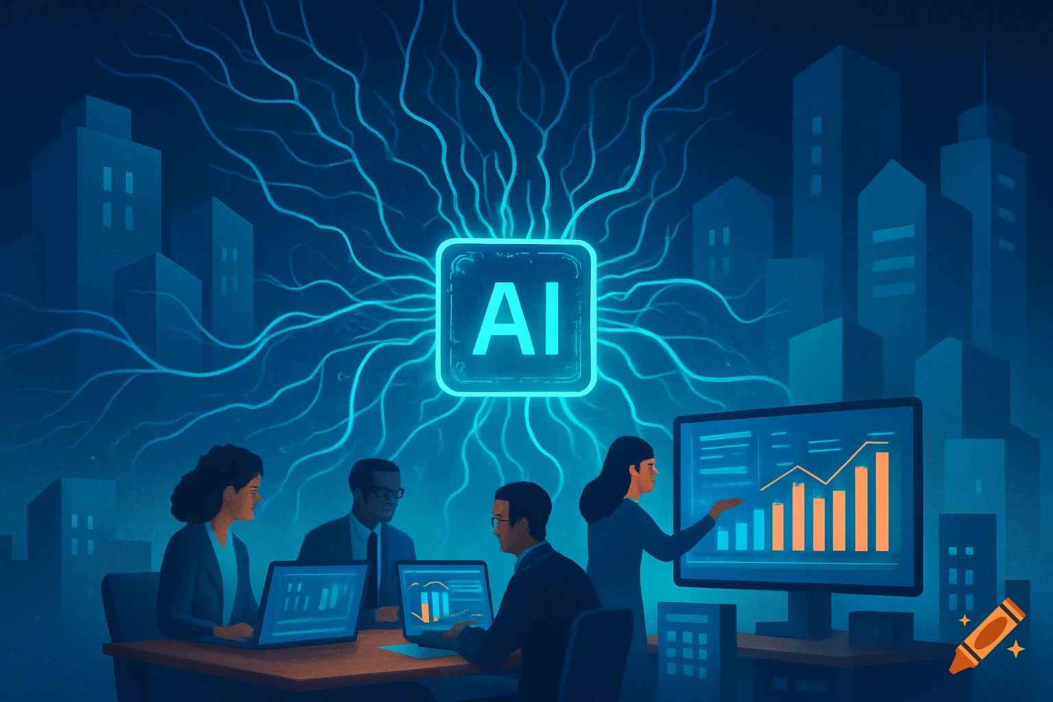 Digital illustration of business professionals working with AI and data in an office with a glowing AI chip and city skyline.