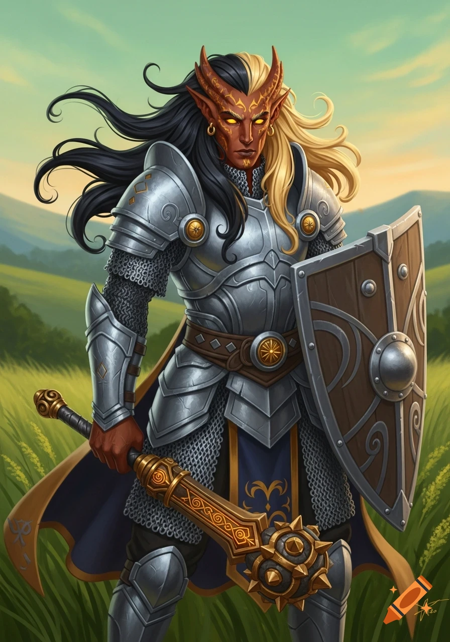 A horned fantasy warrior in silver chainmail armor with split black and blonde hair, red skin, and glowing eyes, holding a mace and shield in a field.