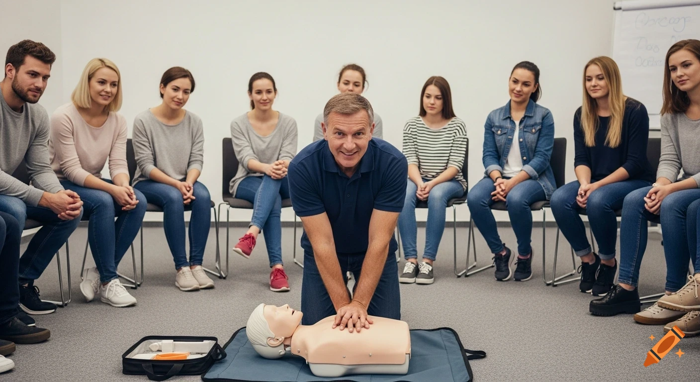 A male instructor demonstrates CPR on a mannequin to a group of attentive participants in a bright training room.